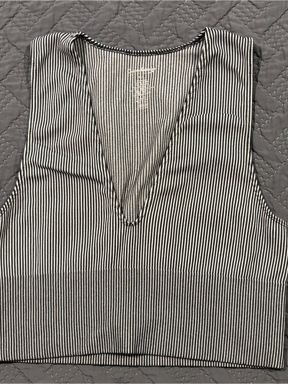 Cotton Candy Black and White Striped Ribbed Stretch Crop Deep V-Neck Tank
